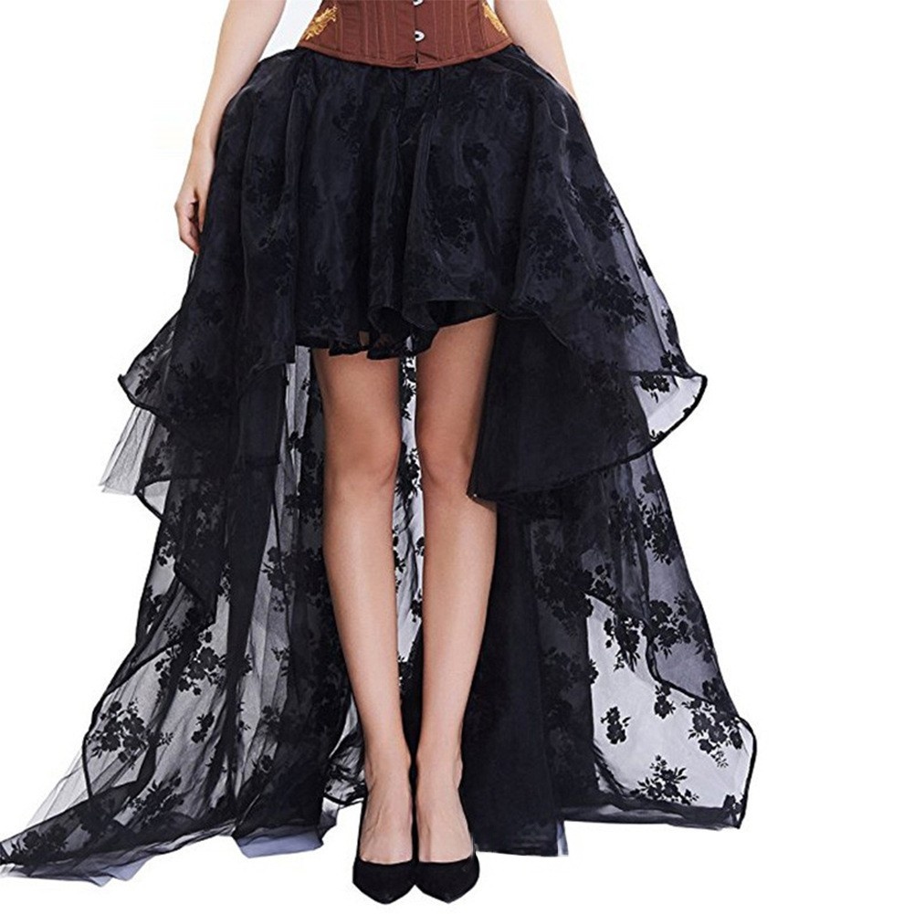 Victorian Gothic High Low Skirt With Black Floral Lace And Layered Mesh Design